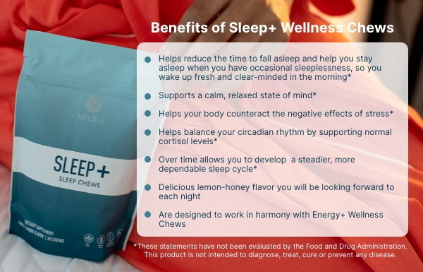 Infographic of the benefits of using Sleep+ Wellness Chews.