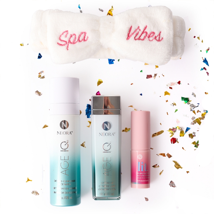 Gift of Glow Skincare Set, including Double Cleansing Face Wash, Day Cream, Lit Brightening Stick and Spa Vibes headband.